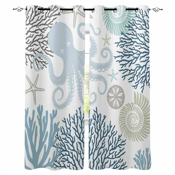Fsddascl Blue Beige Octopus Coastal Blackout Curtains for Bedroom/Living Room, Thermal Insulated Kitchen Curtains, Nautical Coral Starfish Grommet Darkening Window Treatment Drapes 52"x72"x2