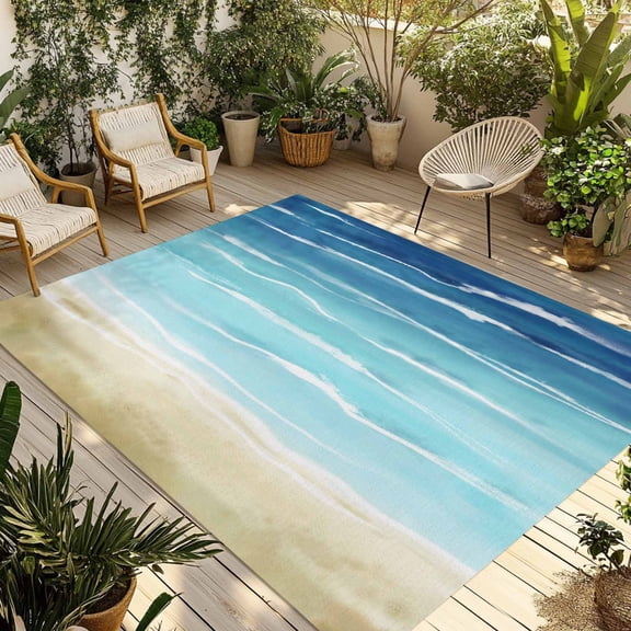 Fsddascl Blue Beige Ombre Outdoor Rug for Patio/Deck/Porch, Non-Slip Large Area Rug 4 x 6 Ft, Coastal Nautical Summer Beach Wave Indoor Outdoor Rugs Washable Area Rugs, Reversible Camping Rug Carpet