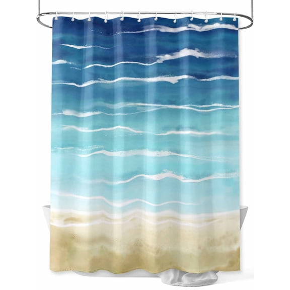 Fsddascl Blue Beige Ombre Shower Curtain Set - 60" x 72" Washable Bathtub Curtain with 12 Hooks, Coastal Nautical Summer Beach Wave Waterproof Fabric Stall Shower Curtains for Bathroom/Bathtub
