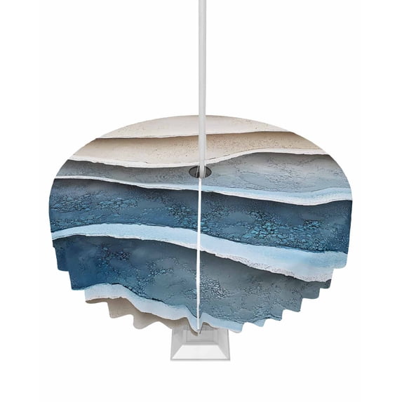 Fsddascl Blue Beige Outdoor Tablecloth - 54 Inch Round Dining Table Cover, Coastal Vintage Modern Abstract Art Waterproof Outdoor Table Cloth with Umbrella Hole & Zipper for Picnic/Patio/Party