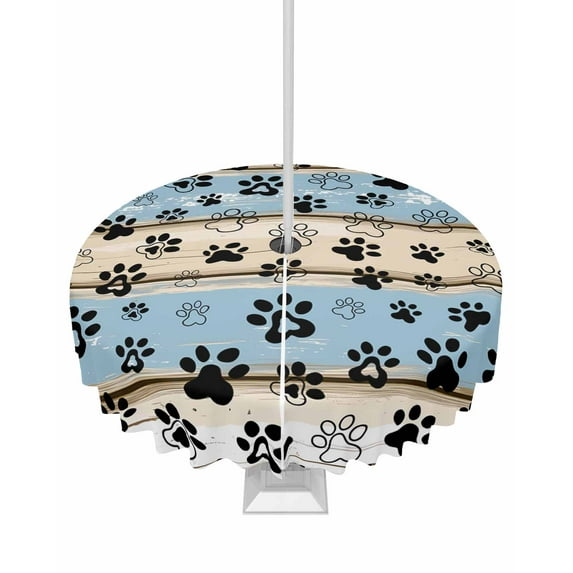 Fsddascl Blue Beige Paw Print Outdoor Tablecloth - 54 Inch Round Dining Table Cover, Vintage Farmhouse Rustic Wooden Grain Waterproof Outdoor Table Cloth with Umbrella Hole & Zipper for Picnic/Patio