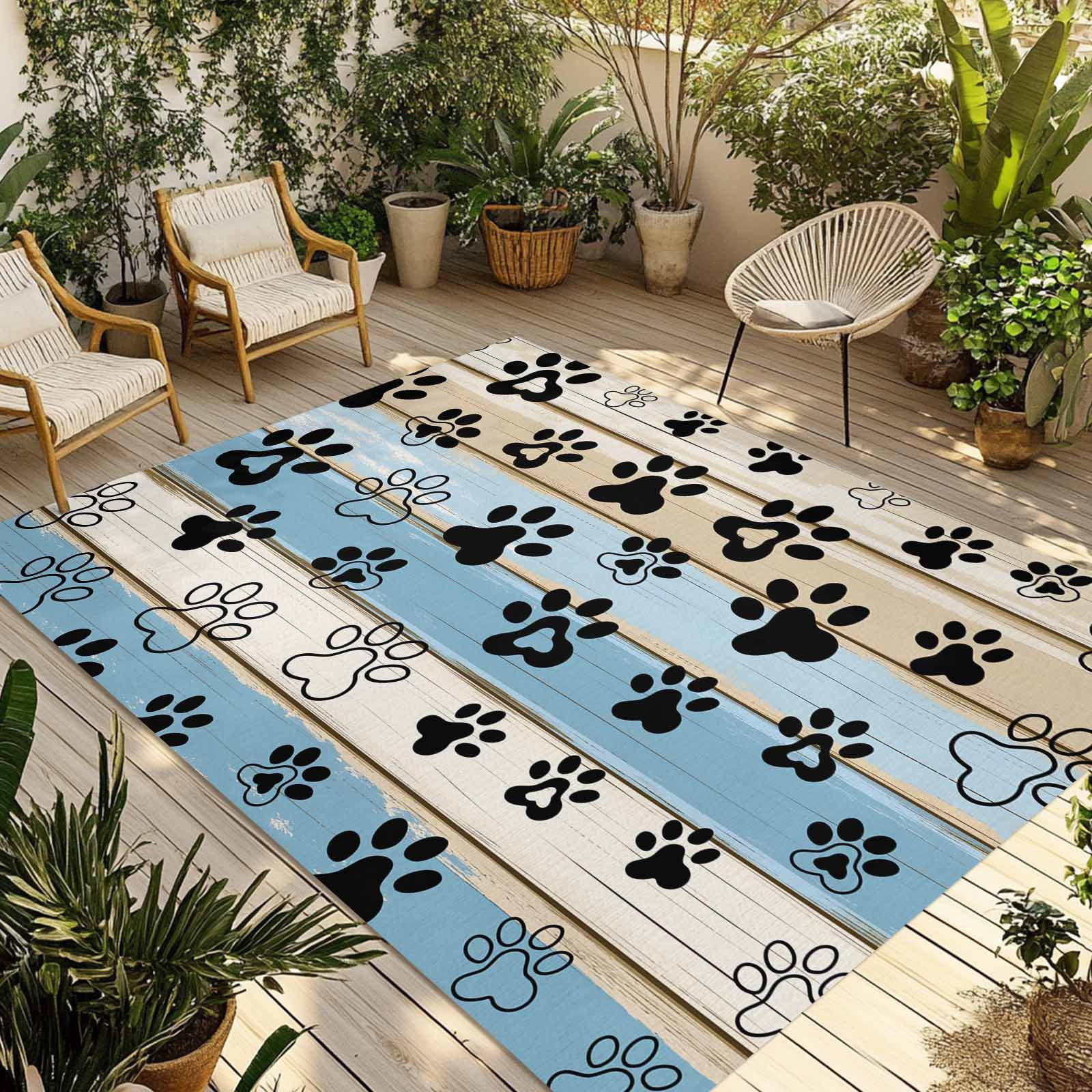 Fsddascl Blue Beige Paw Prints Outdoor Rug for Patio/Deck/Porch, Non ...
