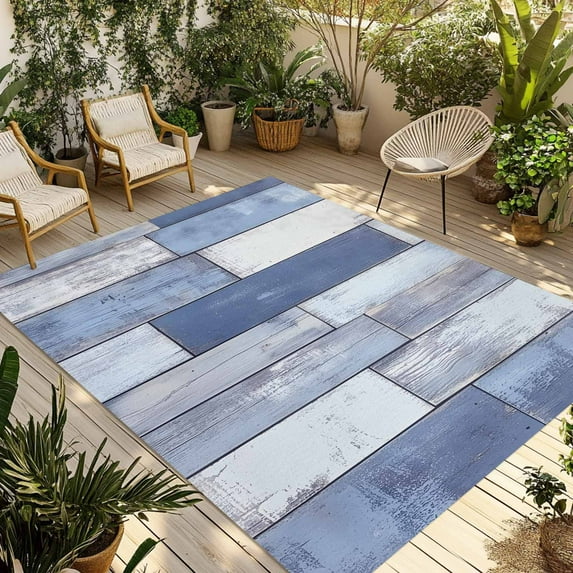 Fsddascl Blue Beige Wooden Outdoor Rug for Patio/Deck/Porch, Non-Slip Large Area Rug 4 x 6 Ft, Farmhouse Vintage Country Striped Indoor Outdoor Rugs Washable Area Rugs, Reversible Camping Rug Carpet