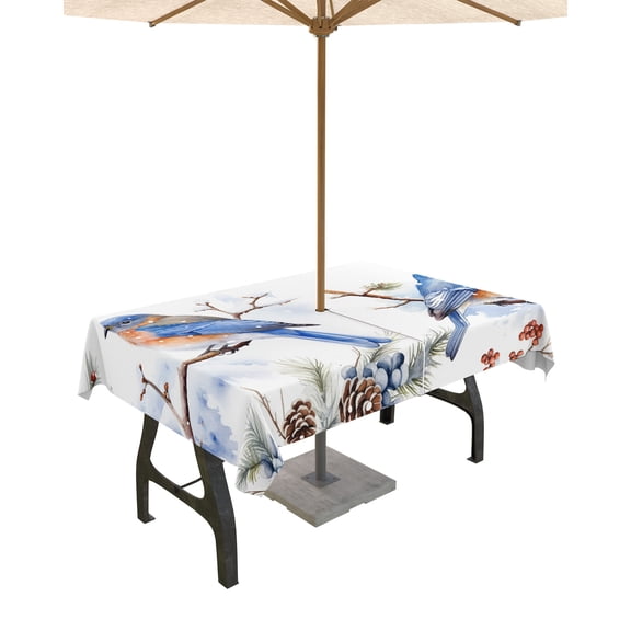 Fsddascl Blue Birds Christmas Outdoor Tablecloth - 52x70 Inch Dining Table Cover, Xmas Pine Cones Berry Winter Snowflake Waterproof Outdoor Table Cloth with Umbrella Hole & Zipper for Patio