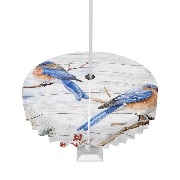 Fsddascl Blue Birds Christmas Outdoor Tablecloth - 54 Inch Round Dining Table Cover, Xmas Pine Cones Berry Snowflake Vintage Waterproof Outdoor Table Cloth with Umbrella Hole & Zipper for Patio