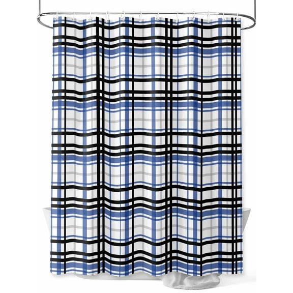 Fsddascl Blue Black Plaid Shower Curtain Set - Small 36" x 72" Washable Bathtub Curtain with 12 Hooks, Farmhouse Blue Black Checkered Waterproof Fabric Stall Shower Curtains for Bathroom/Bathtub