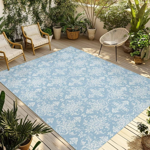 Fsddascl Blue Boho Floral Outdoor Rug for Patio/Deck/Porch, Non-Slip Large Area Rug 5 x 8 Ft, Ethnic Neutral Abstract Floral Texture Indoor Outdoor Rugs Washable Area Rugs, Camping Rug Carpet