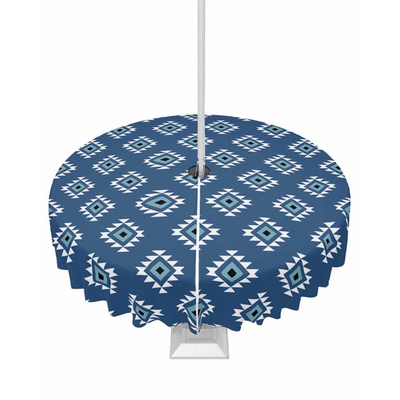Fsddascl Blue Boho Geometric Outdoor Tablecloth - 60 Inch Round Dining Table Cover, Farmhouse Southwest Motifs Art Waterproof Outdoor Table Cloth with Umbrella Hole & Zipper for Picnic/Patio/Party