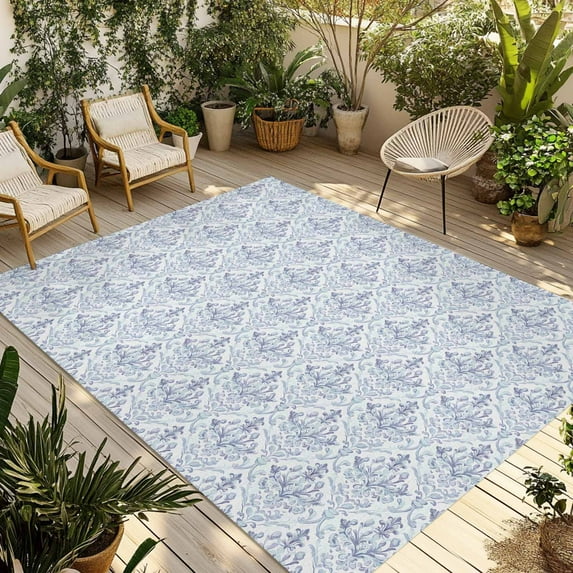 Fsddascl Blue Boho Outdoor Rug for Patio/Deck/Porch, Non-Slip Large Area Rug 5 x 8 Ft, Middle Century Traditional Floral Pattern Indoor Outdoor Rugs Washable Area Rugs, Reversible Camping Rug Carpet