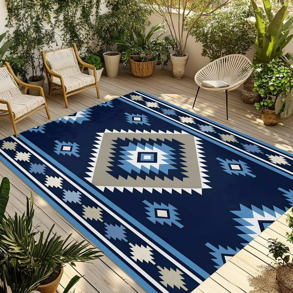 Fsddascl Blue Boho Outdoor Rug for Patio/Deck/Porch, Non-Slip Large Area Rug 6 x 9 Ft, Farmhouse Neutral Abstract Geometric Motifs Indoor Outdoor Rugs Washable Area Rugs, Camping Rug Carpet Runner