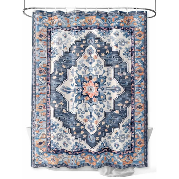 Fsddascl Blue Boho Shower Curtain Set - 72" x 78" Washable Bathtub Curtain with 12 Hooks, Ethnic Geometric Middle Century Art Waterproof Fabric Stall Shower Curtains for Bathroom/Bathtub Décor