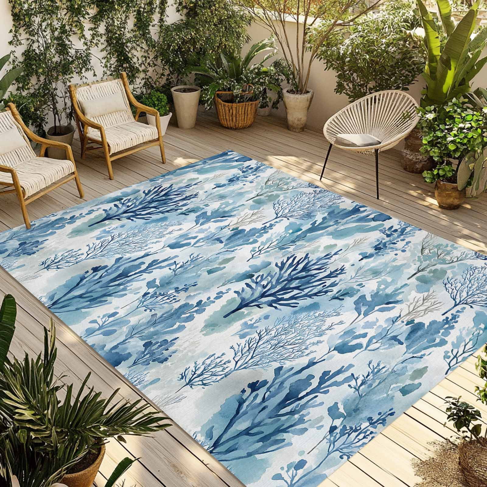 Fsddascl Blue Botanical Outdoor Rug for Patio/Deck/Porch, Non-Slip ...