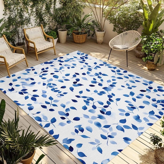 Fsddascl Blue Botanical Outdoor Rug for Patio/Deck/Porch, Non-Slip Large Area Rug 5 x 8 Ft, Spring Summer Leaf Pastoral Elegant Indoor Outdoor Rugs Washable Area Rugs, Reversible Camping Rug Carpet