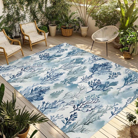 Fsddascl Blue Botanical Outdoor Rug for Patio/Deck/Porch, Non-Slip Large Area Rug 5 x 8 Ft, Spring Summer Leaf Pastoral Farmhouse Indoor Outdoor Rugs Washable Area Rugs, Camping Rug Carpet