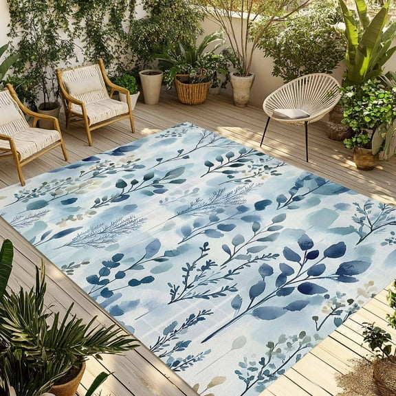Fsddascl Blue Botanical Outdoor Rug for Patio/Deck/Porch, Non-Slip Large Area Rug 5 x 8 Ft, Spring Summer Leaf Pastoral Retro Indoor Outdoor Rugs Washable Area Rugs, Reversible Camping Rug Carpet