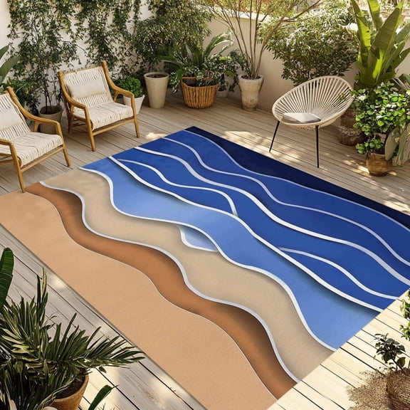 Fsddascl Blue Brown Beach Outdoor Rug for Patio/Deck/Porch, Non-Slip Large Area Rug 5 x 8 Ft, Abstract Striped Gradient Ocean Sand Indoor Outdoor Rugs Washable Area Rugs, Camping Rug Carpet