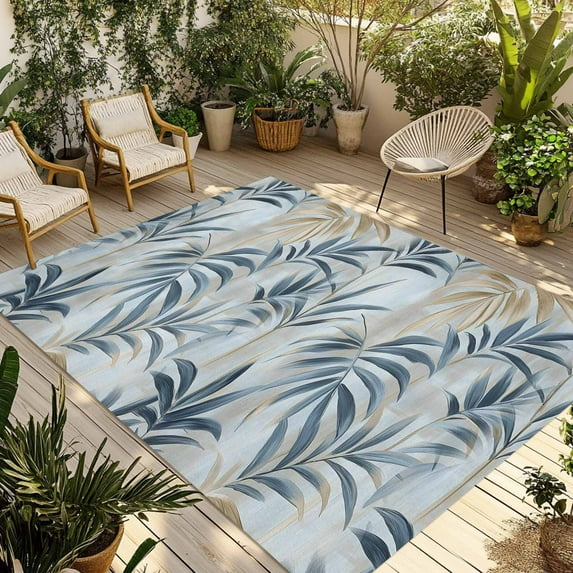 Fsddascl Blue Brown Botanical Outdoor Rug for Patio/Deck/Porch, Non-Slip Large Area Rug 5 x 8 Ft, Pastoral Summer Leaf Indoor Outdoor Rugs Washable Area Rugs, Reversible Camping Rug Carpet Runner