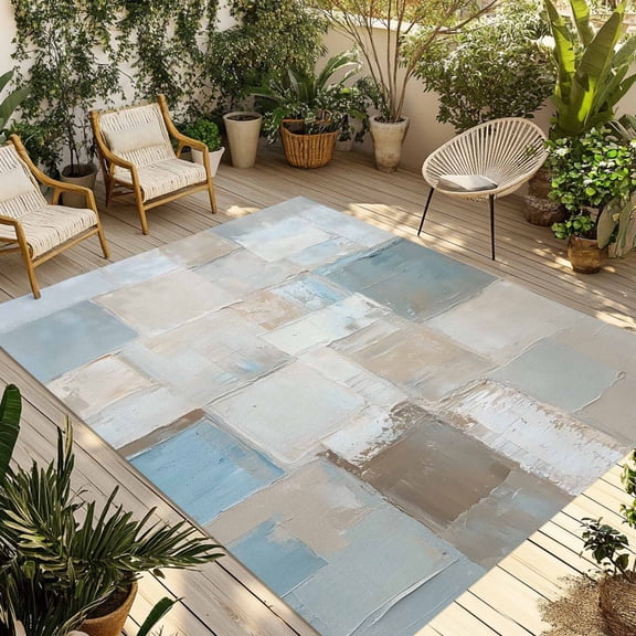 Fsddascl Blue Brown Color Blocks Outdoor Rug for Patio/Deck/Porch, Non-Slip Large Area Rug 4 x 6 Ft, Modern Abstract Oil Painting Art Indoor Outdoor Rugs Washable Area Rugs, Camping Rug Carpet