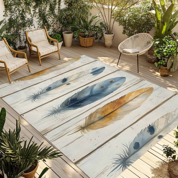 Fsddascl Blue Brown Feathers Outdoor Rug for Patio/Deck/Porch, Non-Slip Large Area Rug 4 x 6 Ft, Vintage Boho Ombre Wood Grain Indoor Outdoor Rugs Washable Area Rugs, Reversible Camping Rug Carpet