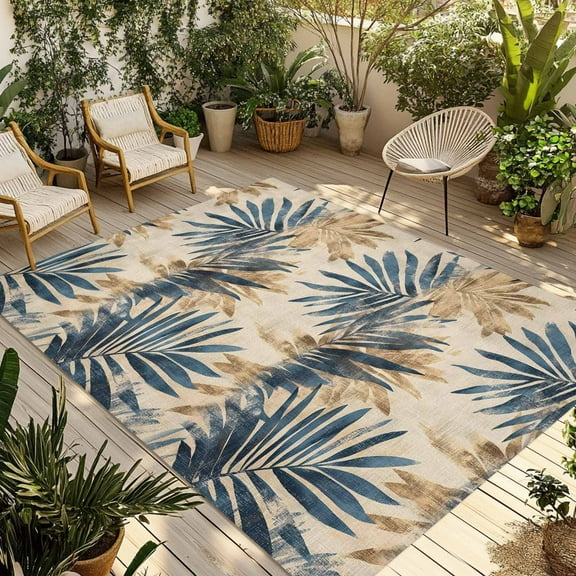 Fsddascl Blue Brown Palm Leaf Outdoor Rug for Patio/Deck/Porch, Non-Slip Large Area Rug 5 x 8 Ft, Summer Botanical Farmhouse Indoor Outdoor Rugs Washable Area Rugs, Reversible Camping Rug Carpet