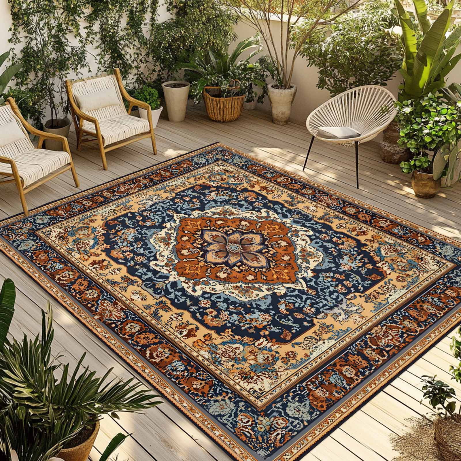 Fsddascl Blue Burnt Orange Boho Outdoor Rug for Patio/Deck/Porch, Non-Slip Large Area Rug 5 x 8 Ft, Traditional Ethnic Southwestern Indoor Outdoor Rugs Washable Area Rugs, Camping Rug Carpet