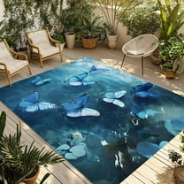 Fsddascl Blue Butterfly Outdoor Rug for Patio/Deck/Porch, Non-Slip Large Area Rug 5 x 8 Ft, Modern Elegant Water Ripples Indoor Outdoor Rugs Washable Area Rugs, Reversible Camping Rug Carpet Runner