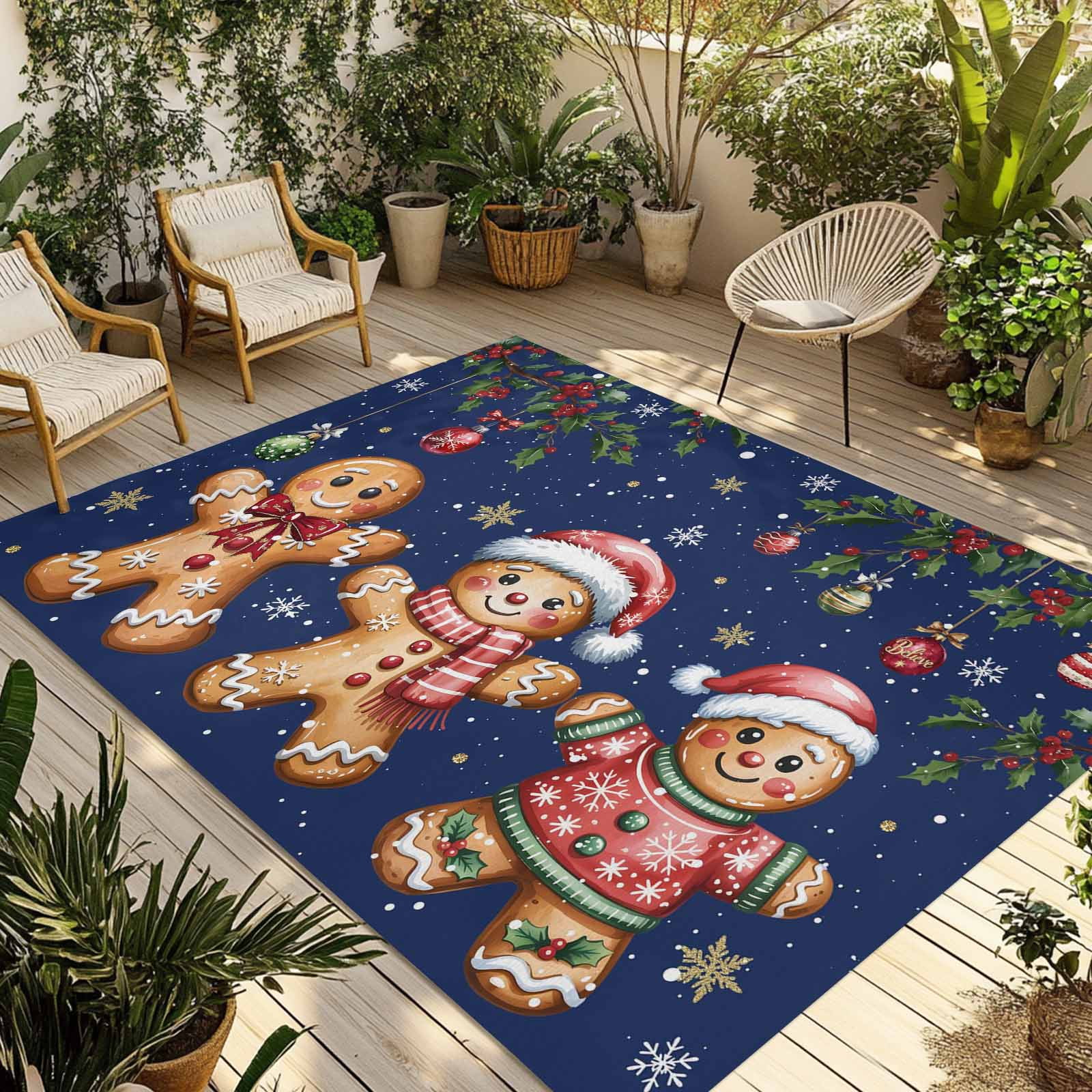 Fsddascl Blue Christmas Gingerbread Outdoor Rug for Patio/Deck/Porch, Non-Slip Large Area Rug 5 x 8 Ft, Xmas Balls Snowflake Indoor Outdoor Rugs Washable Area Rugs, Camping Rug Carpet Runner