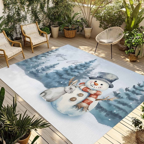 Fsddascl Blue Christmas Outdoor Rug for Patio/Deck, Non-Slip Large Area Rug 6 x 9 Ft, Xmas Snowman Winter Forest Pine Tree Bunny Indoor Outdoor Rugs Washable Area Rugs, Camping Rug Carpet Runner