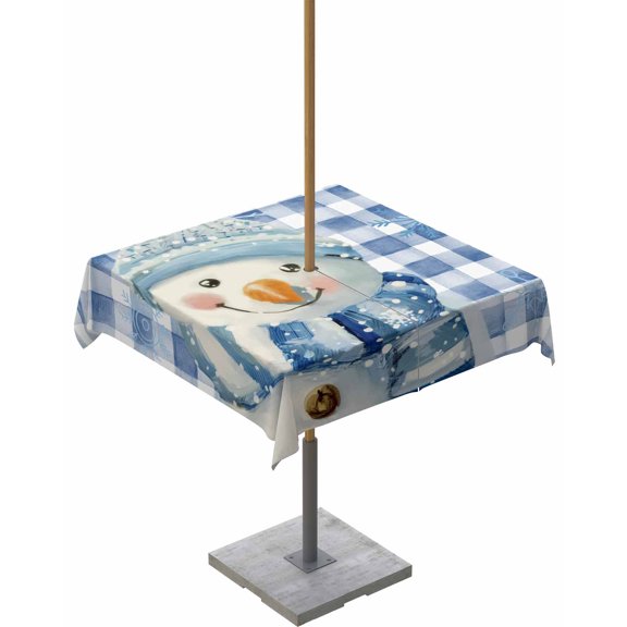 Fsddascl Blue Christmas Snowman Outdoor Tablecloth - 54x54 Inch Square Dining Table Cover, Winter Snowflake Xmas Plaid Waterproof Outdoor Table Cloth with Umbrella Hole & Zipper for Picnic/Patio
