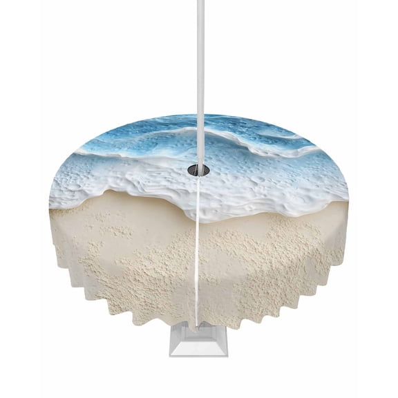 Fsddascl Blue Coastal Beach Outdoor Tablecloth - 54 Inch Round Dining Table Cover, Summer Seaside Nautical Beige Waterproof Outdoor Table Cloth with Umbrella Hole & Zipper for Picnic/Patio/Party