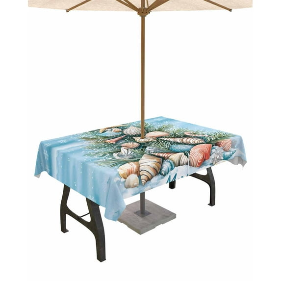 Fsddascl Blue Coastal Christmas Outdoor Tablecloth - 52x70 Inch Rectangle Dining Table Cover, Nautical Summer Beach Shell Conch Waterproof Outdoor Table Cloth with Umbrella Hole & Zipper for Patio