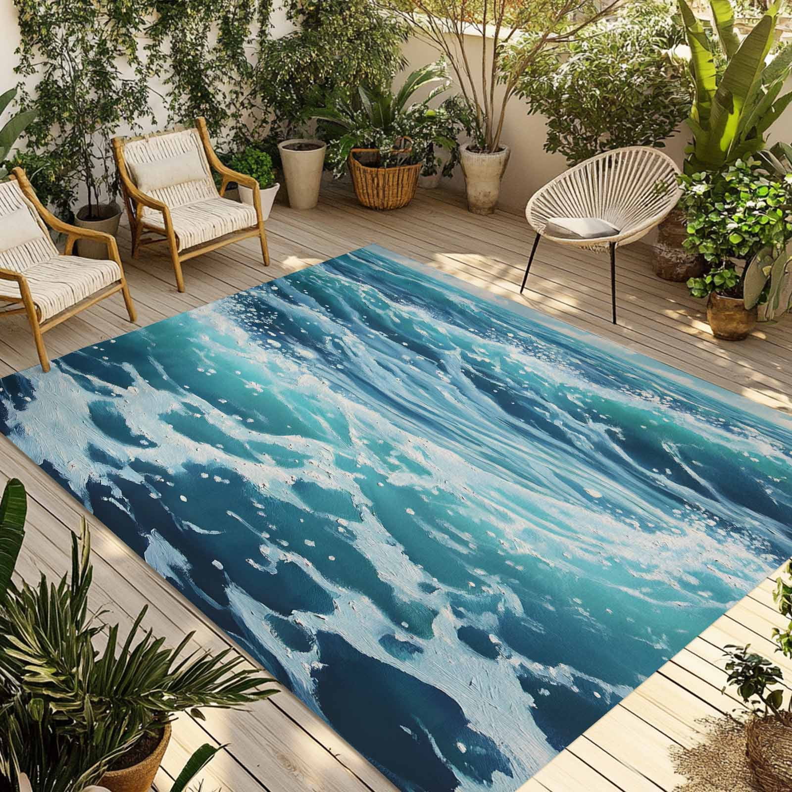 Fsddascl Blue Coastal Outdoor Rug for Patio/Deck/Porch, Non-Slip Large ...