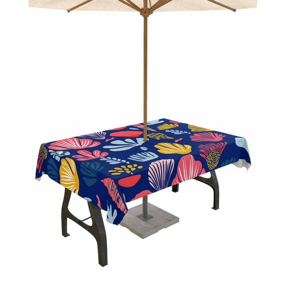 Fsddascl Blue Coastal Outdoor Tablecloth - 52x70 Inch Rectangle Dining Table Cover, Watercolor Summer Ocean Seashells Conch Waterproof Outdoor Table Cloth with Umbrella Hole & Zipper for Patio