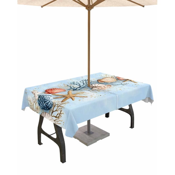 Fsddascl Blue Coastal Outdoor Tablecloth - 60x120 Inch Rectangle Dining Table Cover, Summer Nautical Beach Conch Starfish Coral Waterproof Outdoor Table Cloth with Umbrella Hole & Zipper for Patio