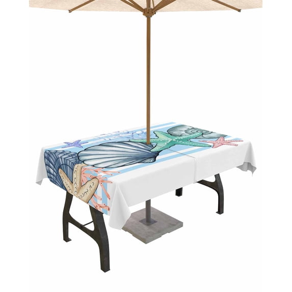 Fsddascl Blue Coastal Outdoor Tablecloth - 60x84 Inch Rectangle Dining Table Cover, Beach Nautical Starfish Shell Coral Waterproof Outdoor Table Cloth with Umbrella Hole & Zipper for Picnic/Patio