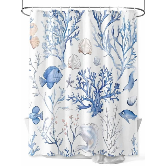 Fsddascl Blue Coastal Shower Curtain Set - Extra Long 72" x 96" Washable Bathtub Curtain with 12 Hooks, Summer Ocean Fish Shell Waterproof Fabric Stall Shower Curtains for Bathroom/Bathtub Décor