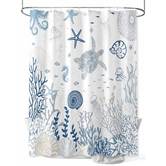 Fsddascl Blue Coastal Shower Curtain Set - Standard 72" x 72" Washable Bathtub Curtain with 12 Hooks, Summer Beach Turtle Coral Starfish Jellyfish Waterproof Fabric Stall Shower Curtains for Bathroom