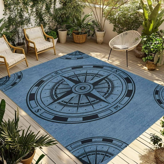 Fsddascl Blue Compass Nautical Outdoor Rug for Patio/Deck/Porch, Non-Slip Large Area Rug 4 x 6 Ft, Coastal Vintage Indoor Outdoor Rugs Washable Area Rugs, Reversible Camping Rug Carpet Runner