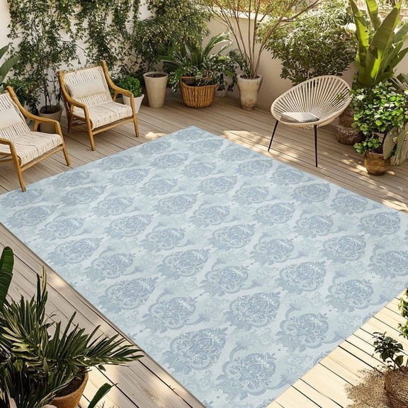 Fsddascl Blue Ethnic Outdoor Rug for Patio/Deck/Porch, Non-Slip Large Area Rug 4 x 6 Ft, Vintage Country Medallion Printed Flower Indoor Outdoor Rugs Washable Area Rugs, Camping Rug Carpet