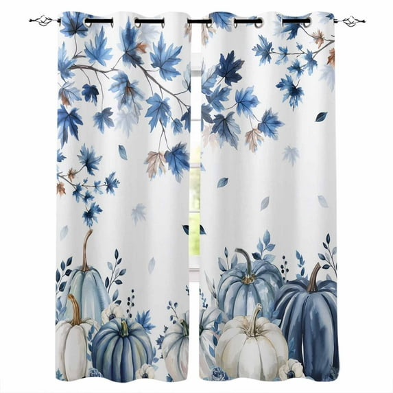 Fsddascl Blue Fall Pumpkins Blackout Curtains for Bedroom/Living Room, Thermal Insulated Kitchen Curtains, Maple Leaf Tree Thanksgiving Autumn Grommet Darkening Window Treatment Drapes 52"x84"x2