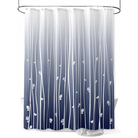 Fsddascl Blue Floral Shower Curtain Set - Small 36" x 72" Washable Bathtub Curtain with 12 Hooks, Gradient Stripe Garden Plant Branch Texture Waterproof Fabric Stall Shower Curtains for Bathroom