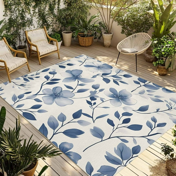 Fsddascl Blue Floral Spring Outdoor Rug for Patio/Deck/Porch, Non-Slip Large Area Rug 4 x 6 Ft, Elegant Summer Flower Pastoral Indoor Outdoor Rugs Washable Area Rugs, Reversible Camping Rug Carpet