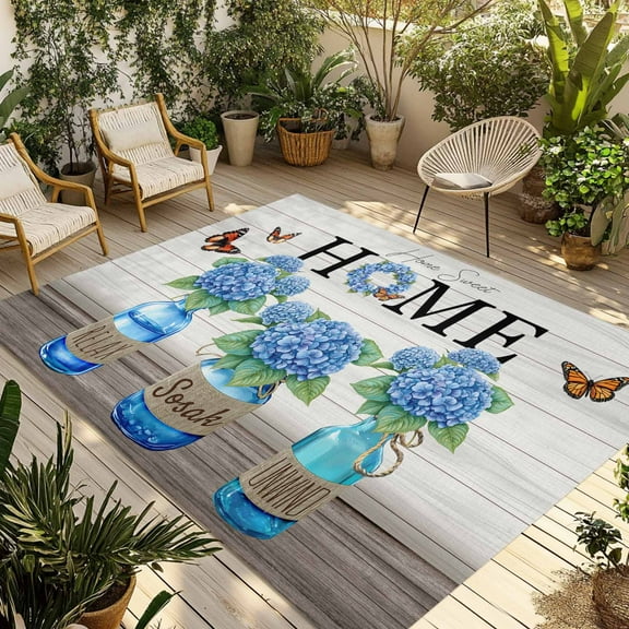 Fsddascl Blue Flower Outdoor Rug for Patio/Deck/Porch, Non-Slip Large Area Rug 4 x 6 Ft, Summer Hydrangea Floral Leaf Butterfly Indoor Outdoor Rugs Washable Area Rugs, Reversible Camping Rug Carpet