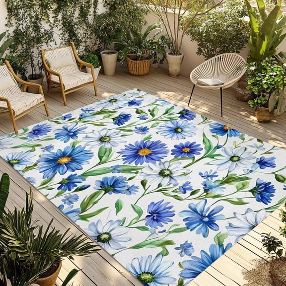 Fsddascl Blue Flower Outdoor Rug for Patio/Deck/Porch, Non-Slip Large Area Rug 5 x 8 Ft, Gradient Daisy Floral Watercolor Plant Indoor Outdoor Rugs Washable Area Rugs, Reversible Camping Rug Carpet
