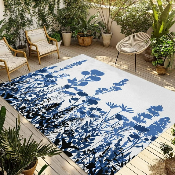 Fsddascl Blue Flowers Outdoor Rug for Patio/Deck/Porch, Non-Slip Large Area Rug 5 x 8 Ft, Simple Spring Ombre Botanical Floral Indoor Outdoor Rugs Washable Area Rugs, Reversible Camping Rug Carpet