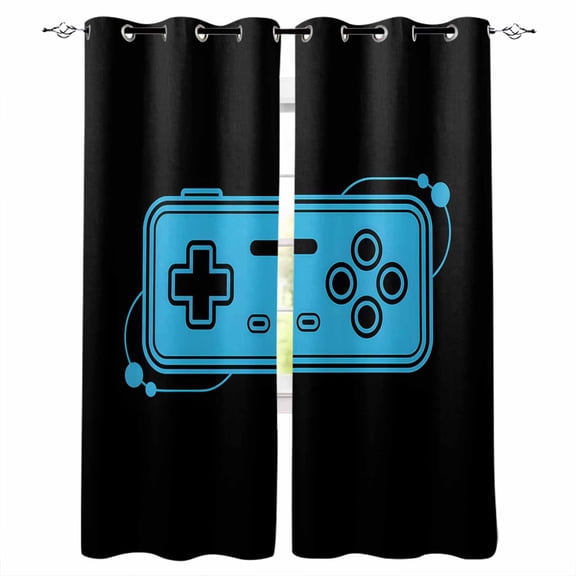 Fsddascl Blue Game Handle Blackout Curtains for Bedroom/Living Room, Thermal Insulated Kitchen Curtains, Video Gamer Console Earphones Black Grommet Darkening Window Treatment Drapes 27.5"x39"x2