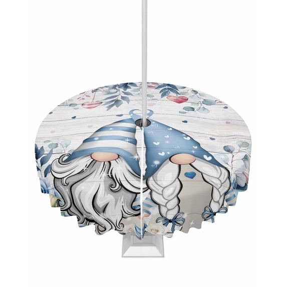 Fsddascl Blue Gnomes Valentines Outdoor Tablecloth - 60 Inch Round Dining Table Cover, Eucalyptus Leaves Floral Retro Waterproof Outdoor Table Cloth with Umbrella Hole & Zipper for Picnic/Patio