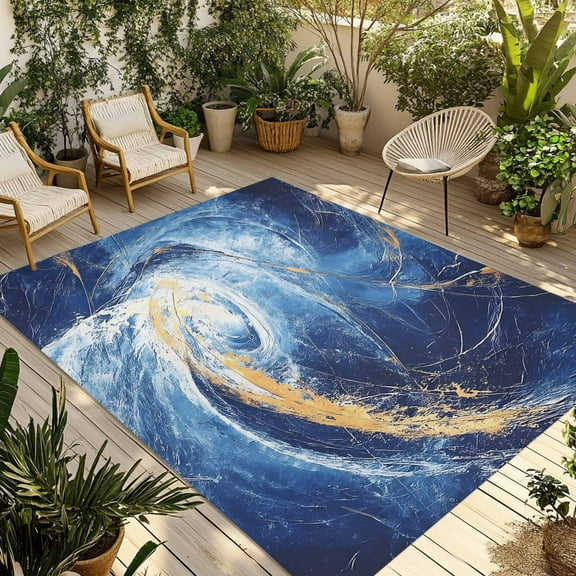 Fsddascl Blue Gold Ocean Outdoor Rug for Patio/Deck/Porch, Non-Slip Large Area Rug 4 x 6 Ft, Summer Modern Coastal Wave Indoor Outdoor Rugs Washable Area Rugs, Reversible Camping Rug Carpet Runner