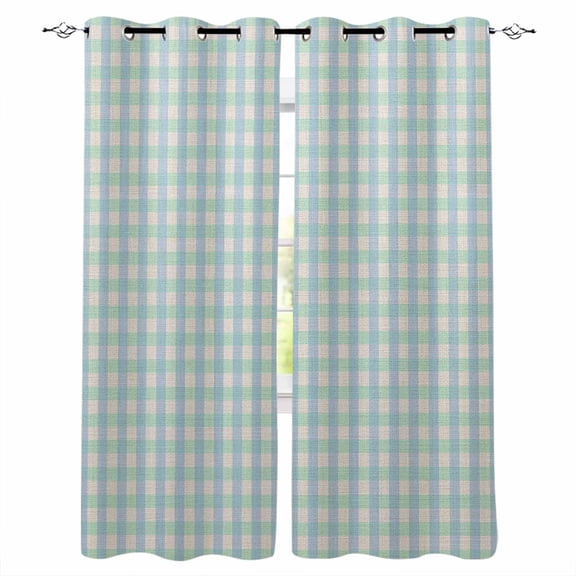 Fsddascl Blue Green Blackout Curtains for Bedroom/Living Room, Thermal Insulated Kitchen Curtains, Grid Checkered Plaid Gingham Lattice Trellis Grommet Darkening Window Treatment Drapes 27.5"x39"x2