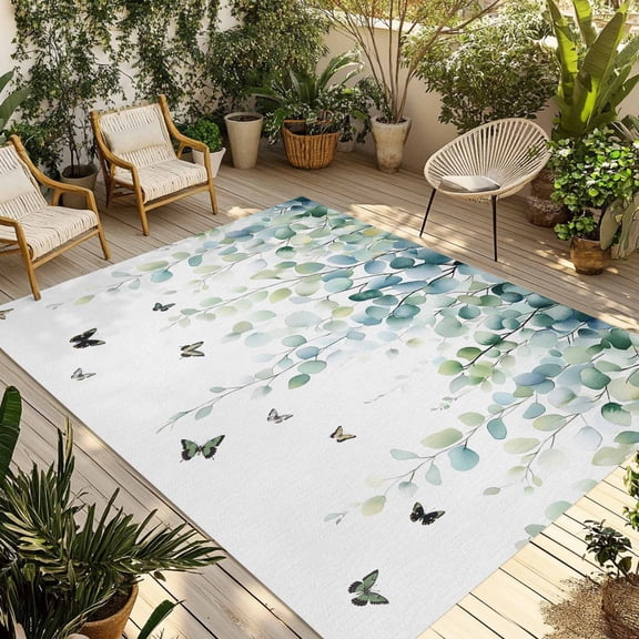 Fsddascl Blue Green Eucalyptus Outdoor Rug for Patio/Deck/Porch, Non-Slip Large Area Rug 4 x 6 Ft, Sage Gradient Leaves Butterfly Indoor Outdoor Rugs Washable Area Rugs, Camping Rug Carpet